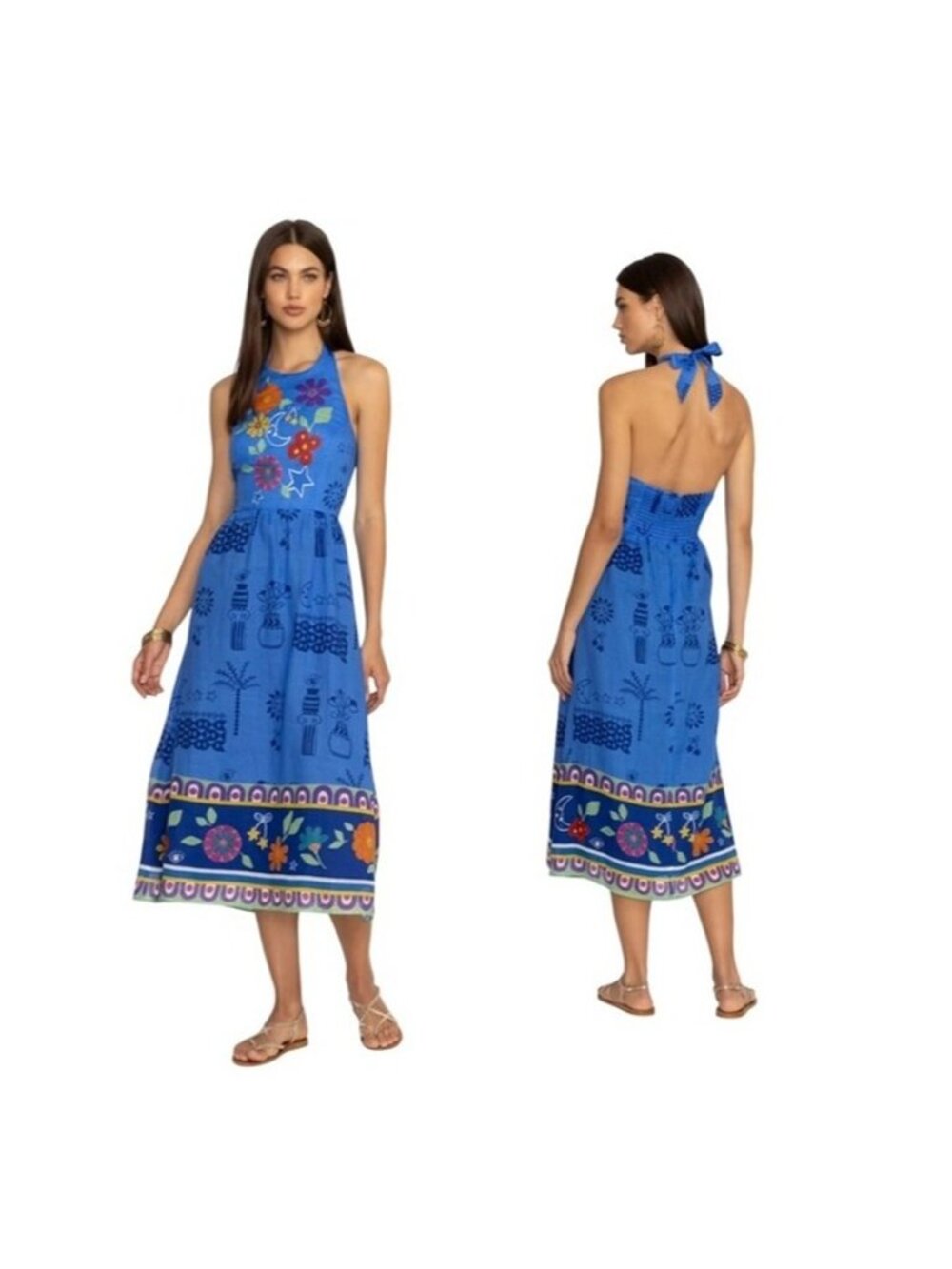 JOHNNY WAS JADE Zahar Tea Length Linen Dress Niccola Boho Print Size XL NEW - Picture 1 of 12